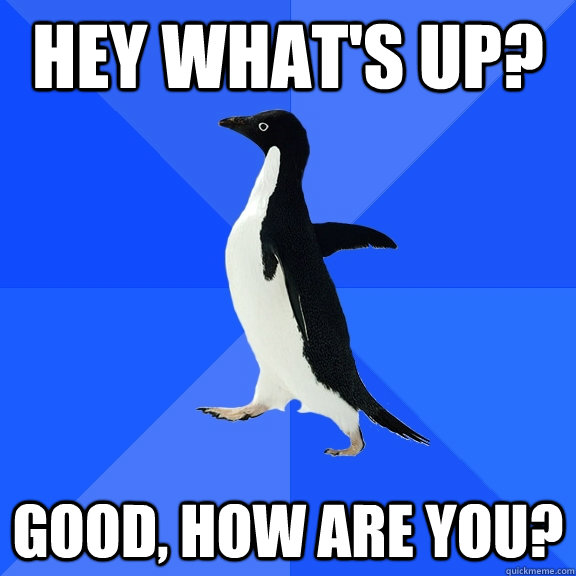 Hey What's up? Good, how are you?  Socially Awkward Penguin