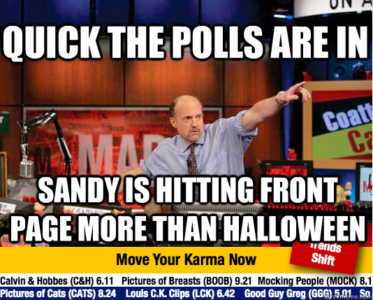 Quick The polls are in Sandy is hitting front page more than halloween - Quick The polls are in Sandy is hitting front page more than halloween  Mad Karma with Jim Cramer