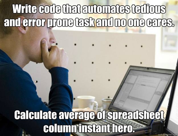 Write code that automates tedious and error prone task and no one cares. Calculate average of spreadsheet column instant hero. - Write code that automates tedious and error prone task and no one cares. Calculate average of spreadsheet column instant hero.  Programmer