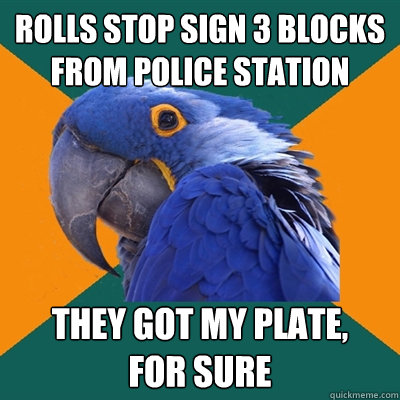 rolls stop sign 3 blocks from police station they got my plate, 
for sure  Paranoid Parrot