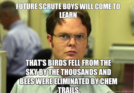 Future Scrute boys will Come to learn That's birds fell from the sky by the thousands and bees were eliminated by chem trails.   Schrute