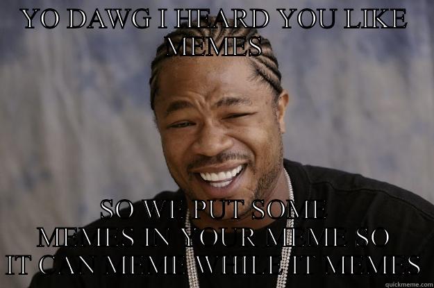 YO DAWG I HEARD YOU LIKE MEMES SO WE PUT SOME MEMES IN YOUR MEME SO IT CAN MEME WHILE IT MEMES Xzibit meme
