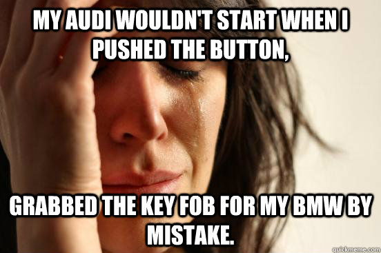 my audi wouldn't start when i pushed the button,  grabbed the key fob for my BMW by mistake.  First World Problems