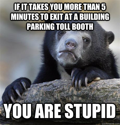 IF IT TAKES YOU MORE THAN 5 MINUTES TO EXIT AT A BUILDING PARKING TOLL BOOTH YOU ARE STUPID  Confession Bear