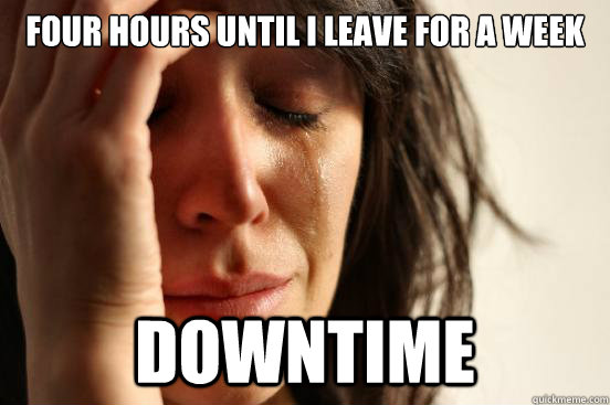 Four hours until I leave for a week downtime  First World Problems