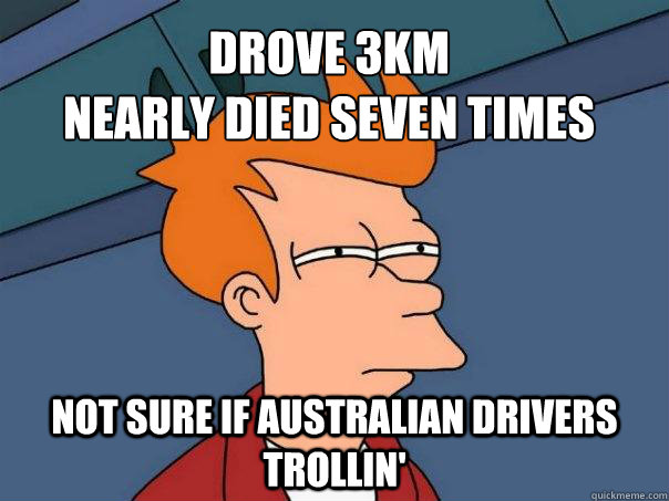 Drove 3km
Nearly died seven times not sure if australian drivers trollin'  Futurama Fry