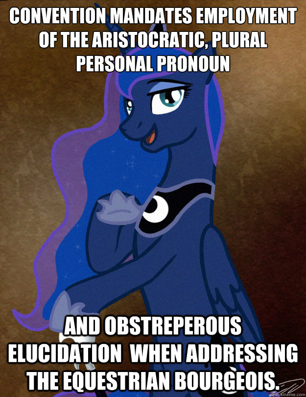 Convention mandates employment of the aristocratic, plural personal pronoun And obstreperous elucidation  when addressing the Equestrian bourgeois.  Luna Ducreux