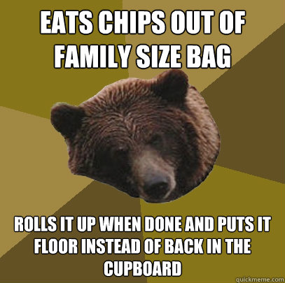 EATS CHIPS OUT OF FAMILY SIZE BAG ROLLS IT UP WHEN DONE AND PUTS IT FLOOR INSTEAD OF BACK IN THE CUPBOARD  Lazy Bachelor Bear