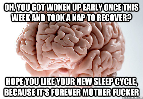 Oh, you got woken up early once this week and took a nap to recover? hope you like your new sleep cycle, because it's forever mother fucker  Scumbag Brain