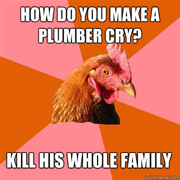 How do you make a plumber cry? Kill his whole family  Anti-Joke Chicken