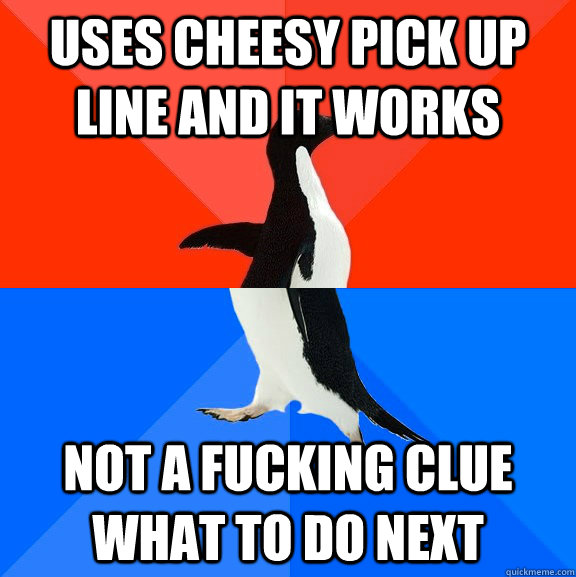 uses cheesy pick up line and it works not a fucking clue what to do next - uses cheesy pick up line and it works not a fucking clue what to do next  Socially Awesome Awkward Penguin