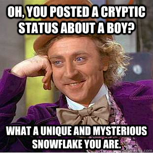 Oh, you posted a cryptic status about a boy? What a unique and mysterious snowflake you are.  Creepy Wonka