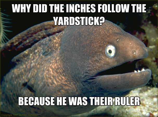 why did the inches follow the yardstick? because he was their ruler  Bad Joke Eel