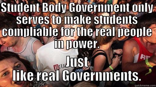 STUDENT BODY GOVERNMENT ONLY SERVES TO MAKE STUDENTS COMPLIABLE FOR THE REAL PEOPLE IN POWER. JUST LIKE REAL GOVERNMENTS. Sudden Clarity Clarence