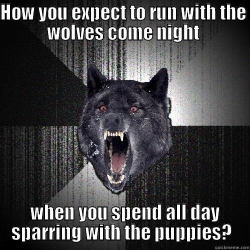 HOW YOU EXPECT TO RUN WITH THE WOLVES COME NIGHT  WHEN YOU SPEND ALL DAY SPARRING WITH THE PUPPIES?  Insanity Wolf