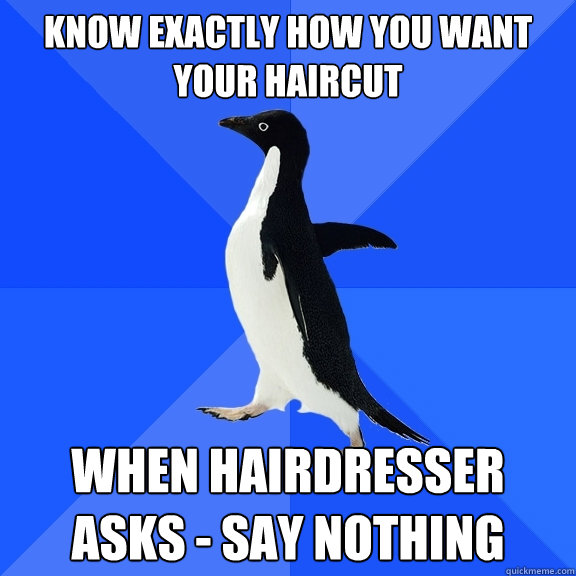 know exactly how you want your haircut when hairdresser asks - say nothing  Socially Awkward Penguin
