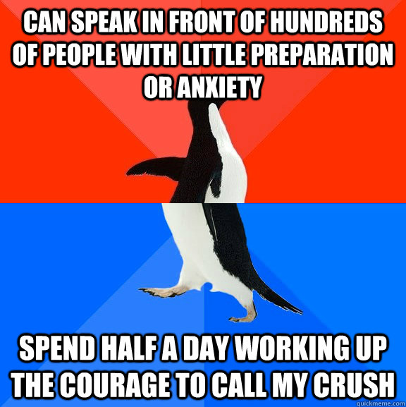 Can speak in front of hundreds of people with little preparation or anxiety Spend half a day working up the courage to call my crush  Socially Awesome Awkward Penguin