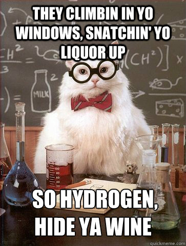 They climbin in yo windows, snatchin' yo liquor up  so Hydrogen,
Hide ya wine  Science Cat