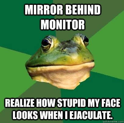 Mirror behind monitor realize how stupid my face looks when I ejaculate.  Foul Bachelor Frog