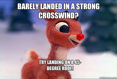 Barely landed in a strong crosswind?  Try landing on a 45-degree roof!  Condescending Rudolph