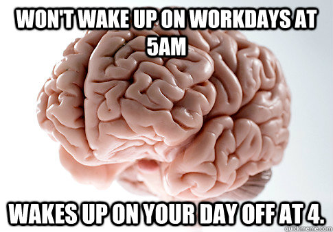Won't wake up on workdays at 5am Wakes up on your day off at 4.  Scumbag Brain