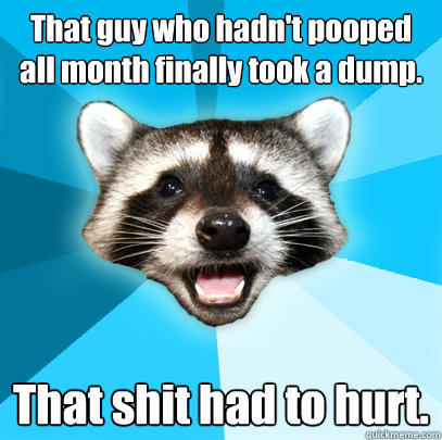 That guy who hadn't pooped all month finally took a dump. That shit had to hurt.  Lame Pun Coon