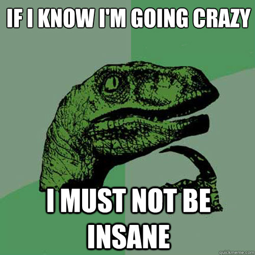 If I know I'm going crazy
 I must not be insane   Philosoraptor