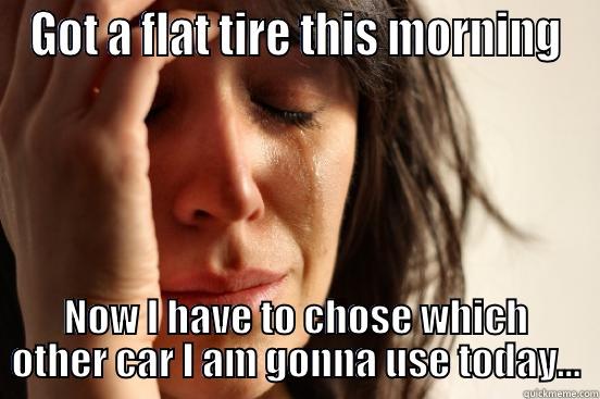 GOT A FLAT TIRE THIS MORNING NOW I HAVE TO CHOSE WHICH OTHER CAR I AM GONNA USE TODAY... First World Problems