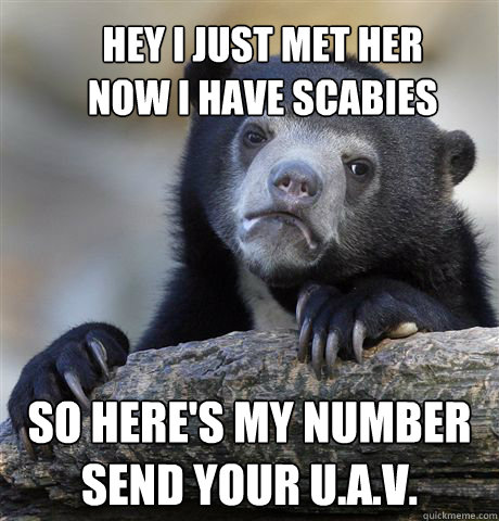 Hey I just met her
now i have scabies so here's my number
send your u.a.v.  Confession Bear