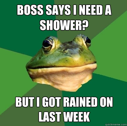 Boss says I need a shower? But I got rained on last week  Foul Bachelor Frog