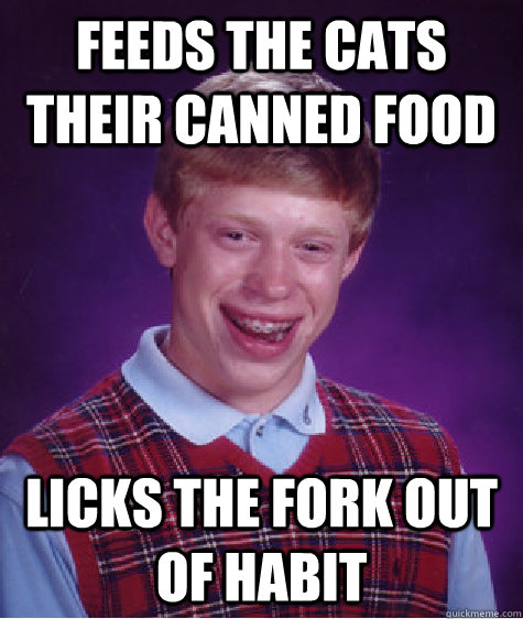 feeds the cats their canned food licks the fork out of habit  Bad Luck Brian
