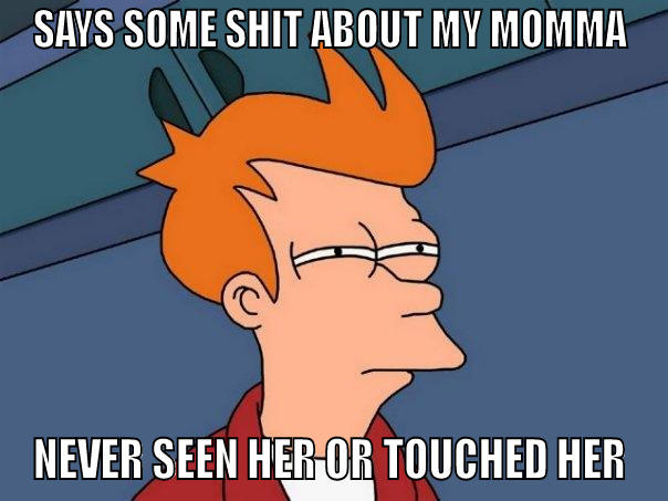 SAYS SOME SHIT ABOUT MY MOMMA NEVER SEEN HER OR TOUCHED HER Futurama Fry
