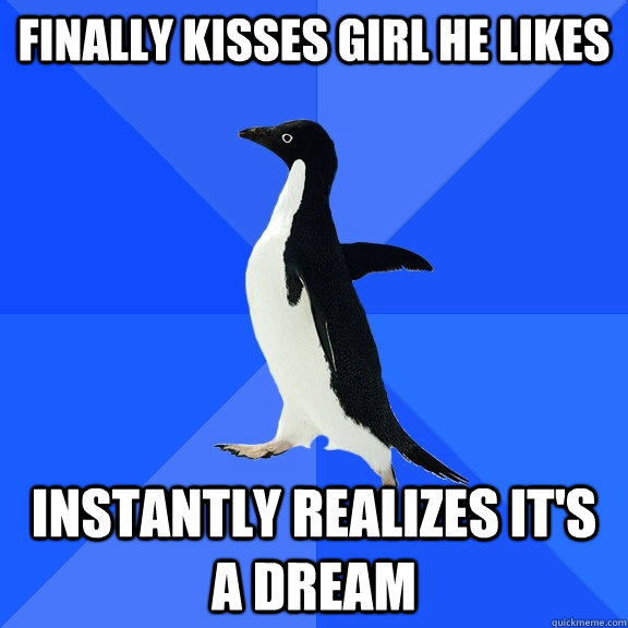 Finally kisses girl he likes instantly realizes it's a dream  Socially Awkward Penguin