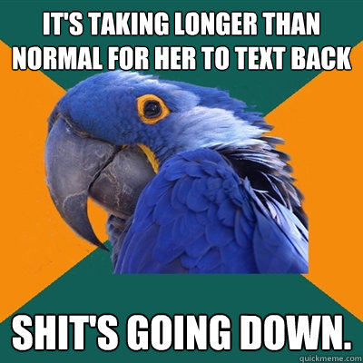 It's taking longer than normal for her to text back shit's going down.   Paranoid Parrot