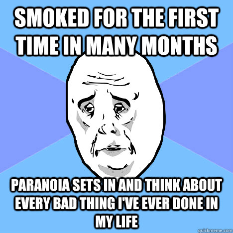 Smoked for the first time in many months Paranoia sets in and think about every bad thing I've ever done in my life - Smoked for the first time in many months Paranoia sets in and think about every bad thing I've ever done in my life  Okay Guy