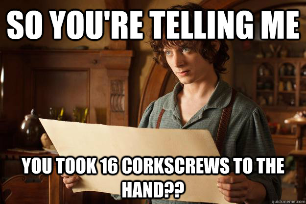 So you're telling me you took 16 corkscrews to the hand?? - So you're telling me you took 16 corkscrews to the hand??  Annoyed Frodo