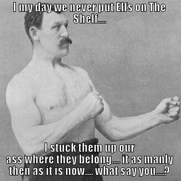 I MY DAY WE NEVER PUT ELFS ON THE SHELF.... I STUCK THEM UP OUR ASS WHERE THEY BELONG.... IT AS MANLY THEN AS IT IS NOW.... WHAT SAY YOU....? overly manly man
