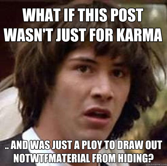 What if this post wasn't just for karma .. and was just a ploy to draw out NotWTFMaterial from hiding?  conspiracy keanu
