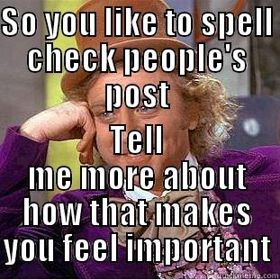 SO YOU LIKE TO SPELL CHECK PEOPLE'S POST TELL ME MORE ABOUT HOW THAT MAKES YOU FEEL IMPORTANT Condescending Wonka