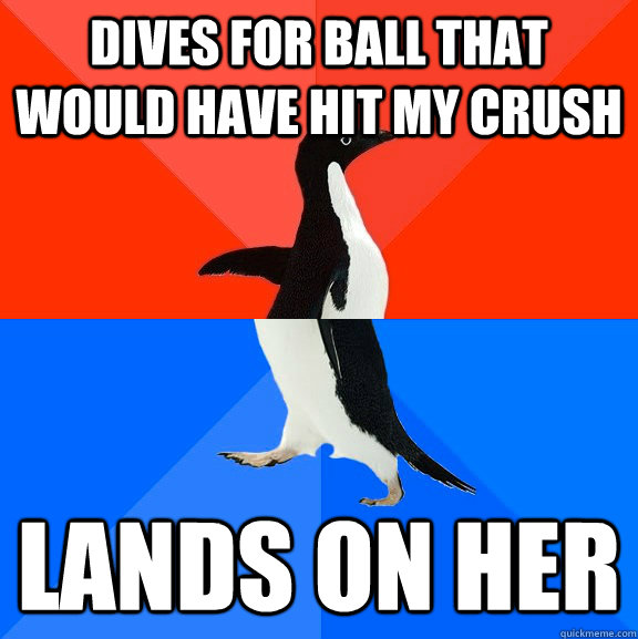 Dives for ball that would have hit my crush lands on her  Socially Awesome Awkward Penguin