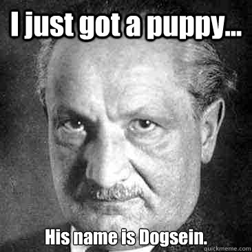 I just got a puppy... His name is Dogsein.  Scumbag Heidegger