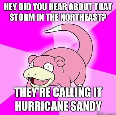 Hey did you hear about that storm in the northeast? They're calling it Hurricane Sandy  Slowpoke