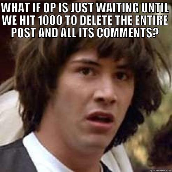 WHAT IF OP IS JUST WAITING UNTIL WE HIT 1000 TO DELETE THE ENTIRE POST AND ALL ITS COMMENTS?  conspiracy keanu