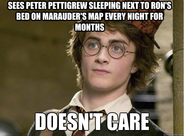 sees peter pettigrew sleeping next to ron's bed on marauder's map every night for months doesn't care  Scumbag Harry Potter