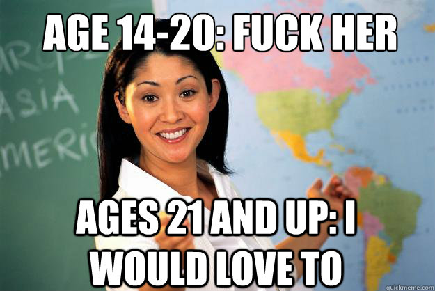 Age 14-20: Fuck her Ages 21 and up: I would love to  Unhelpful High School Teacher