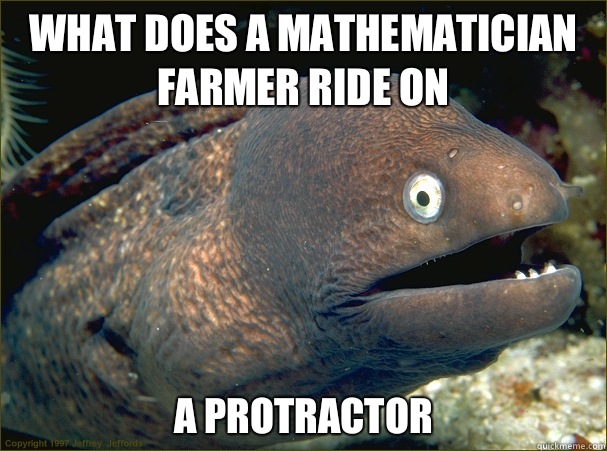 What does a mathematician farmer ride on A protractor  Bad Joke Eel