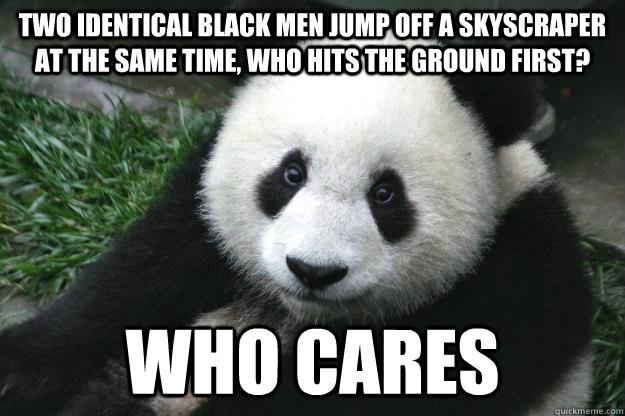 Two identical black men jump off a skyscraper at the same time, who hits the ground first? who cares - Two identical black men jump off a skyscraper at the same time, who hits the ground first? who cares  Racist panda