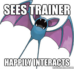 sees trainer happily interacts  