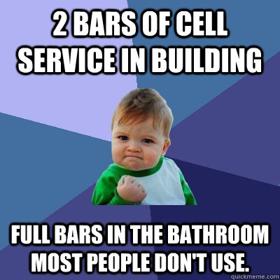 2 bars of cell service in building Full bars in the bathroom most people don't use.   Success Kid