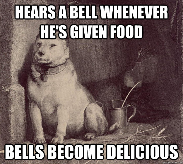 Hears a bell whenever he's given food Bells become delicious  Pavlovs Silly Dog